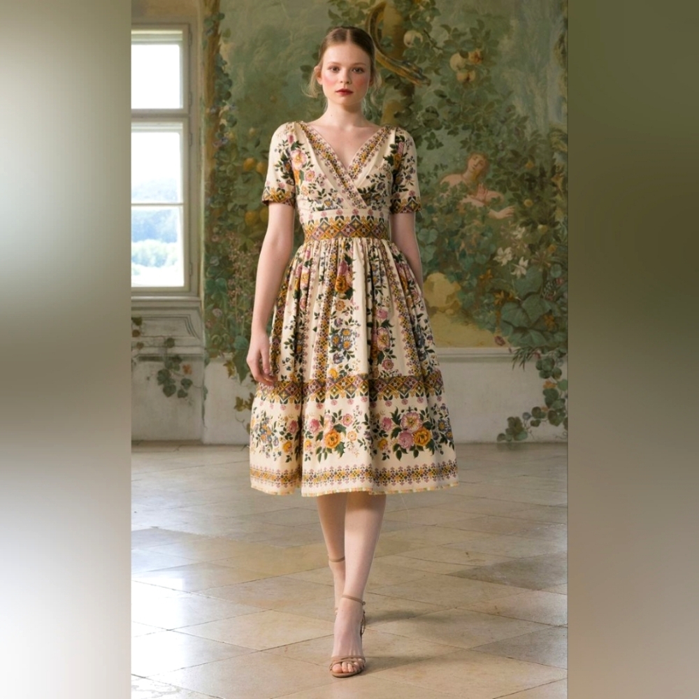 Romantic Lena Hoschek Rosalie Floral Cotton Vintage Wrap 50s Antoinette dress S
